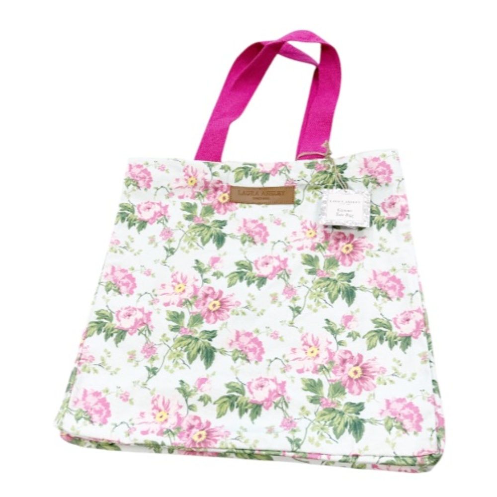 NEW Laura Ashley PINK & GREEN FLORAL DESIGN REUSABLE CANVAS TOTE w/Double Handle